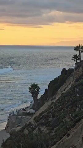 A cliffside overlooking the ocean at sunset. Palm trees dot the landscape. The sun is low on the horizon, casting a warm glow across the sky and water. Waves crash against the shore.