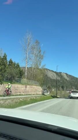 The video shows a first-person view from a vehicle driving on a paved road under a clear blue sky. The recording vehicle's dashboard is visible at the bottom of the frame. Ahead, a white SUV is driving in the same direction.

On the left side of the road, there is a stone retaining wall with a few tall, bare-branched trees above it. Beyond the wall, green foliage and some houses are visible. Further down the road on the left, yellow dandelions dot the grassy areas. Several streetlights line the road.

In the background, a large, rocky mountain or hill covered with scattered trees dominates the landscape. The scene depicts a sunny day in what appears to be a rural or semi-rural area, consistent with the location of Asker, Norway.