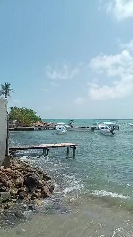 The video shows a scene at a rocky beach on a sunny day. The water is choppy, and there are several boats docked at wooden piers in the distance. Closer to the camera, waves are crashing against the rocks. The camera pans to the left to reveal two children playing in a small pool of water formed by the rocks and the incoming waves. They are splashing around and appear to be enjoying themselves. The camera pans back to show the boats and the overall beach scene again.