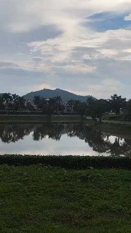 The video captures a serene natural landscape with a body of water in the foreground and a hill in the background. The water is calm, reflecting the surrounding trees, buildings, and the sky. The sky is partly cloudy, with a mix of blue sky and white clouds. The trees are lush and green, and some are tall. The buildings appear to be houses or residences. The overall atmosphere is peaceful and tranquil.