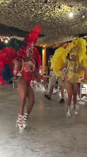Feathered carnival performers dancing at a Montenegro coastal venue
