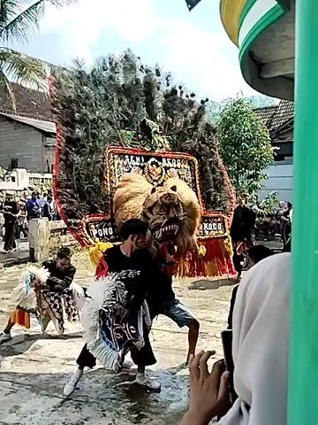 The video shows a lively performance of traditional Indonesian folk art. In the foreground, a person carrying a large, elaborate mask with a lion's head and a peacock-feathered crown moves amidst performers and spectators in an outdoor setting. Dancers in traditional attire perform rhythmic movements. A banner is visible in the background, suggesting the performance is part of an organized event. Buildings and trees surround the open space, indicating a village or suburban environment. The overall atmosphere is festive and cultural.