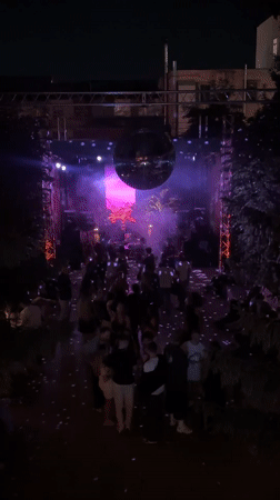 Outdoor disco party lights up a Kazan courtyard at night