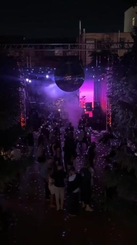 Outdoor disco party lights up a Kazan courtyard at night