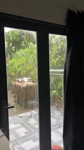 The video shows a view through a glass door into a backyard during a rain shower. The door has two glass panels, with a black frame and a silver handle on the left panel. The right panel has a black curtain partially obscuring the view. Outside, lush green trees and vegetation are visible. In the foreground of the yard, there are some structures made of corrugated metal and wood, appearing weathered. A clothes drying rack is also visible on the right side of the patio. The ground is tiled, and raindrops are clearly visible hitting the glass and the outdoor surfaces, indicating it is actively raining. The overall impression is of a rainy day in a tropical or subtropical environment.