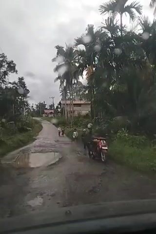 The video depicts a muddy, rural road with several large puddles. Lush green vegetation and tall palm trees line the sides of the road, indicating a tropical or subtropical environment. In the background, there are buildings, suggesting a small village or settlement. The sky is overcast, and there are visible raindrops on what appears to be the camera lens, suggesting it is raining or has recently rained.

On the road, a person wearing a helmet and a dark jacket is standing next to a red and white scooter. They appear to be holding a long, thin object, possibly a pole or a stick. Further down the road, a few other figures, including what look like children, are walking away from the scooter. The scene seems to be capturing a moment in daily life in this location. The lighting suggests it is daytime, but the overcast sky creates a somewhat muted atmosphere. No text is visible in the video.