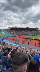Stadium crowd in blue cheers under overcast skies