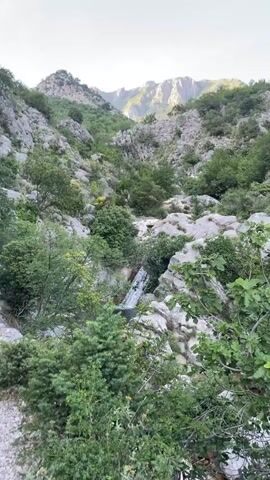 This video captures a serene mountainous landscape in what appears to be a valley or gorge. The initial shot presents a wide view of the scene. Dense green vegetation, including bushes and small trees, covers the rocky terrain in the foreground and midground. Amidst this, a small, multi-tiered waterfall cascades into a pool of water, partially visible on the lower right side. Dominating the background are majestic, light-colored peaks of a mountain range, with rugged, steep slopes and some patches of greenery.

The camera then smoothly zooms in, shifting focus from the overall valley to the distant mountains. As it zooms, thin power lines become visible, stretching horizontally across the upper part of the frame. The mountains reveal intricate rocky formations and sparse vegetation clinging to their crevices. The sky above is clear blue, suggesting daytime conditions. There are no people or man-made objects visible other than the power lines. The setting is identified as Zupci, Montenegro.