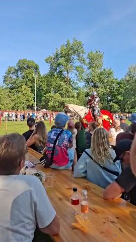A knight in full armor rides a horse adorned with a red blanket. The horse is walking towards the left of the frame, facing away from the camera. The knight is holding a lance. In the foreground, a wooden table is set up, with several people sitting at it, facing the horse and knight. The table has drinks and some items on it. Behind the table and the horse, a crowd of people are gathered, watching the event. In the background, trees and a stone building are visible under a clear blue sky. The overall scene appears to be an outdoor event, possibly a historical reenactment or festival.