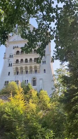 A low-angle, upward shot of the towering Neuschwanstein Castle in Germany. The castle, a majestic white structure with multiple turrets and balconies, is partially obscured by the lush green foliage of surrounding trees. Sunlight filters through the leaves, creating dappled patterns on the castle's facade and the vibrant green of the trees. The sky above is a clear, bright blue. In the lower left corner of the frame, a few people can be seen standing, their faces obscured by the foliage and distance. The overall impression is one of grandeur and natural beauty, with the fairytale-like castle nestled amidst the verdant landscape.