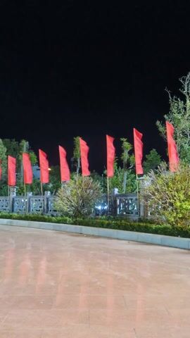 The video shows a nighttime scene of a public plaza or park area. Red flags are lined up behind a low wall along a garden area. A large, white, stone sculpture is illuminated nearby. The ground is a light-colored, shiny tile. The sky is dark. There are trees and some visible city lights in the distance.