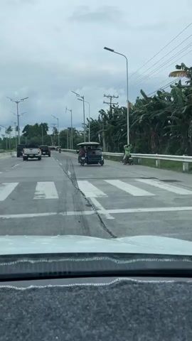 The video shows a view from inside a car driving on a multi-lane highway. The weather appears overcast. In the distance, two pick-up trucks are visible, along with another motorcycle. A motorized tricycle is in front of the camera car in the same lane.  The tricycle has two passengers and a dark-colored canopy. On the right side of the highway, a person wearing a green outfit stands near a parked motorcycle. The road has evidence of tire marks. Beyond the highway shoulder are banana trees and utility poles with power lines.