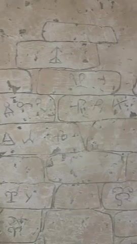 The video shows a close-up, vertical view of a textured, light-colored wall resembling brickwork. Each "brick" is outlined with a dark line, and some have rough, uneven surfaces with dark speckles. Inscribed on these "bricks" are various symbols and drawings, all rendered in the same dark line as the outlines. These markings include what appear to be geometric shapes, stick figures, and an image of a fish. The lighting is diffused, suggesting an indoor environment, and the camera is slowly panning upwards. There are no people or explicit actions visible in the frame.
