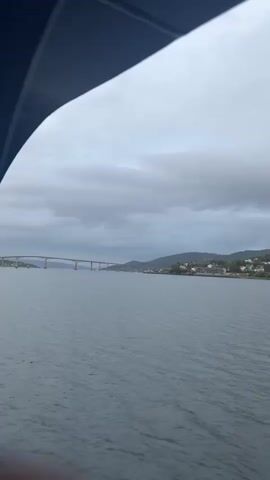 This video shows a wide shot of a body of water with a bridge in the distance. The sky is cloudy and gray. On the right side of the frame, there is a shoreline with houses and trees. The camera appears to be on a boat, as evidenced by the dark blue structure in the foreground, which could be part of the boat's railing or canopy. The water is calm with gentle ripples. The bridge spans across the water and connects two land masses. The overall scene suggests a natural landscape under overcast weather conditions.
