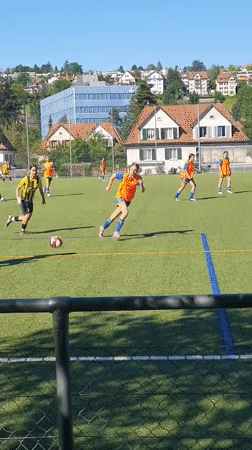 Soccer match played on sunny day with residential backdrop