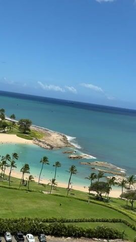 The video shows a panoramic view of a tropical beach with clear blue water and white sand. Palm trees line the shore, and lush green grass covers the foreground. Several people are visible on the beach, some swimming in the ocean and others relaxing on the sand. A few cars are parked on the side of a road in the lower left corner of the frame. The sky is a bright blue with a few scattered clouds. The video is filmed from a high vantage point, looking down on the beach and ocean. There appears to be a large ship in the distance.