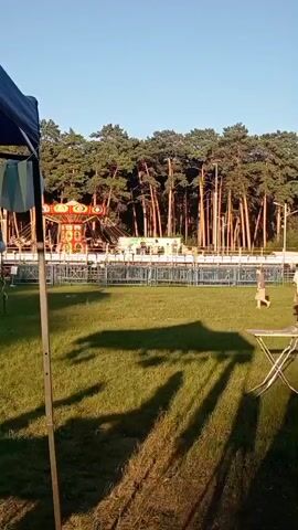 A fairground scene is depicted with a carousel visible in the background. A person is walking across a grassy field in the foreground. A tent is positioned on the left side of the frame, casting a shadow on the grass. A small table is visible on the right. Tall pine trees form a dense backdrop behind the fairground attractions. The sky is clear and blue.