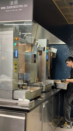 Automated döner machines slice meat in Zurich kitchen