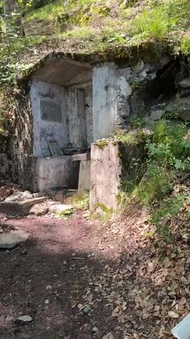 The video shows a forest with a dirt path. In the foreground, there is an old stone structure built into the hillside. It appears to be a small, weathered building with concrete elements and a roof. Inside the structure, there is a framed picture or icon and some other objects that are not clearly identifiable. The path leads uphill and into the denser part of the forest, where there are tall trees with green foliage. The ground is covered with fallen leaves and some rocks. The overall scene suggests a secluded, natural environment, possibly with some historical or religious significance due to the presence of the structure and the framed item.