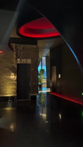 The video presents a dimly lit, modern interior space, likely a lobby or hallway. Dominant colors are black, grey, and red. The floor is dark and highly reflective, suggesting polished stone or similar material. The ceiling has a prominent circular section with red ambient lighting. A wall on the left features a textured stone surface with a door. A potted plant is visible in the distance, positioned near a window that allows a glimpse of outdoor light. There is a number 9, likely a room number, present on the wall to the right. The camera moves slightly, altering the perspective. There are some signs on the wall on the right.