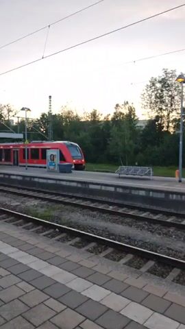 The video shows a red passenger train stopped at a train station platform. The train has multiple cars and appears to be modern. There are train tracks in the foreground and on either side of the platform. Trees and some buildings are visible in the background. The sky is overcast, suggesting it is either early morning or late evening. There are overhead wires for the electric train. A blue sign with a white "D" is visible on a pole. There are benches on the platform and what looks like a trash receptacle. No people are clearly visible on the platform except for a distant figure walking.