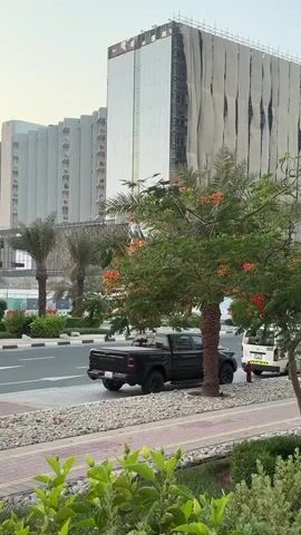 The video shows a street scene in what appears to be a city. In the foreground, there are green bushes and a paved walkway with a stone border. A black pickup truck is parked on the side of the road, partially obscured by a tree with orange flowers. Across the street, there are palm trees and several large buildings. One building in the background is under construction, covered in scaffolding and a white protective fabric. The sky is overcast. The overall impression is of an urban environment with ongoing development.