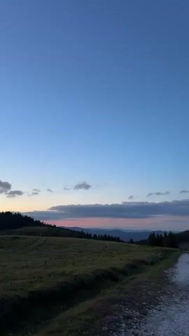 The video displays a wide shot of a natural landscape during twilight. The sky transitions from a deep blue at the top to lighter shades of blue and hints of orange and pink near the horizon. A line of trees is visible on a gentle slope in the mid-ground, forming a dark silhouette against the colorful sky. In the foreground, a grassy field occupies most of the lower half of the frame, with a dirt or gravel path visible on the right side. The overall mood is serene and captures the fading light of day. There are no people or animals visible, and no specific actions are taking place.