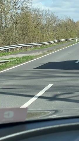 A video shot from inside a car shows an ambulance passing by on a highway. The ambulance is white with red and yellow stripes. It bears the German Red Cross logo and is labeled "RETTUNGSDIENST Deutsches Rotes Kreuz." The video is brief and focuses on the passing ambulance. The road is bordered by trees and a metal guardrail.