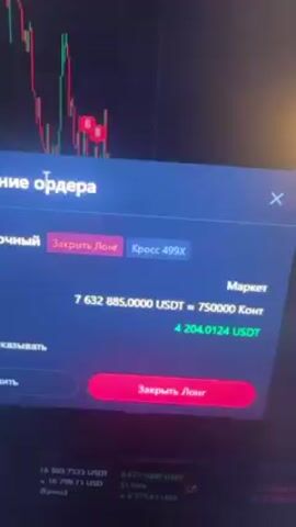 A close-up video shows a computer screen displaying a crypto trading interface. A pop-up window labeled "Закрытие ордера" (Closing Order) is visible in the foreground. The window contains details of the trade: 7,632,885 USDT is equivalent to 750,000 Kont, with a return of 4,278.9974 USDT. The window also has a large red button to "Закрыть Лонг" (Close Long). Behind the window is a real-time candlestick chart of the cryptocurrency market. At the bottom of the screen, additional trading details are displayed, including "16 803.7533 USDT" and "16 799.71 USD." The camera angle is stable, and the focus is on the screen.