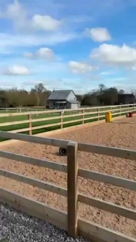 The video shows a sandy riding ring bordered by a light-colored wooden fence. Inside the ring, various colorful poles and small obstacles are set up, suggesting it is for equestrian training. In the background, there are buildings with gray roofs and trees lining a distant grassy area. The sky is blue with scattered white clouds. A coiled blue rope hangs from the fence in the foreground.