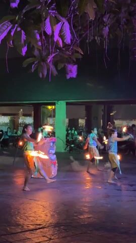 The video shows a night-time outdoor performance involving fire.  Four performers, clad in colorful outfits, are spinning and twirling flaming torches in front of a crowd of spectators. There is a large totem-like prop on stage as well. The performance takes place on a paved surface under a building overhang and trees are visible overhead, with stringy hanging vines. Stage lighting illuminates the scene with various colors, including purple, green, and orange. At one point, the performers execute a synchronized acrobatic move.