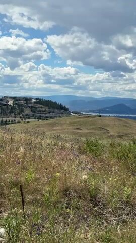 The video shows a landscape view from a grassy hill. In the foreground, tall, dry grass and wildflowers are visible. In the mid-ground, a gently rolling hill with scattered patches of dry grass and a few trees is present. In the distance, a body of water, likely a lake, is seen with mountains behind it. A small cluster of buildings is situated on a hillside to the left of the frame, overlooking the lake. The sky is blue with scattered white, fluffy clouds. The sun appears to be shining, casting shadows and illuminating the landscape. There are no people or animals visible in the frame. The overall impression is a scenic, natural environment under a partly cloudy sky.