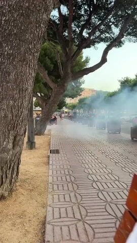 A street scene with a sidewalk and a street lined with parked cars and trees. Smoke is billowing from planters on the sidewalk and possibly from the street, obscuring some of the view. There are a few people visible in the background, walking on the sidewalk and near the cars. The overall impression is one of an outdoor event or disturbance.