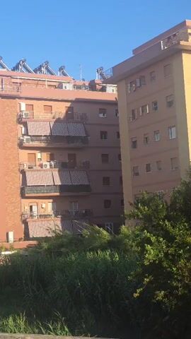This video shows an outdoor view of apartment buildings with a clear blue sky above. In the foreground, lush green foliage is visible, with some of the leaves and branches obscuring parts of the buildings. The buildings themselves are multi-story structures, one appears to be a reddish-brown brick building with several balconies, each equipped with striped awnings. Another building, taller and a pale yellow color, stands to the right of the brick building, also featuring multiple windows and balconies. Solar panels are visible on the roof of the brick building. The lighting suggests it is daytime, likely sunny. There are no people or animals visible in the video, and no specific actions or interactions are taking place. The overall scene is static, focusing on the architecture and natural elements.