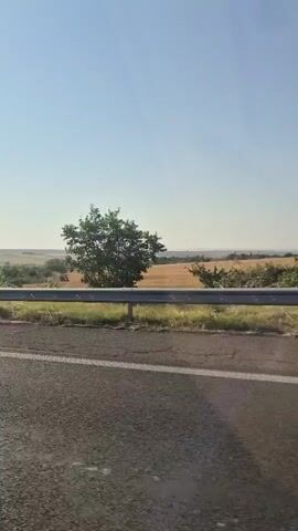 The video shows a view from a moving vehicle on a highway on a clear, sunny day. The road surface is visible in the foreground with white lines marking the lanes. A metal guardrail runs along the side of the road, separating it from a rural landscape. Beyond the guardrail, there are fields of dry grass or crops, some trees, and a few distant structures. The sky is a clear, light blue. At one point, a dark-colored Ford Focus car passes by the camera vehicle. The license plate of the Ford Focus is visible as PB-3051 YP. The overall impression is of a journey through a rural area.