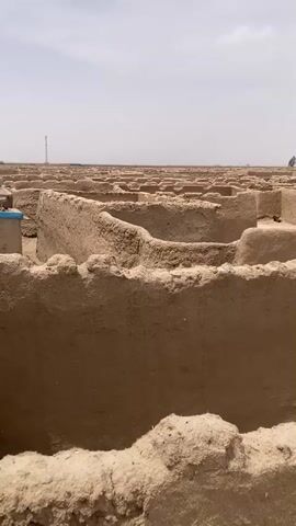 The video displays an expansive aerial view of an ancient or abandoned mud-brick settlement, likely an archaeological site, in Saranan, Pakistan. The scene is dominated by numerous low mud-brick walls and foundations, stretching into the distance and forming a dense, maze-like grid. The structures are uniform in their sandy-brown color and construction material, indicative of traditional architecture in arid regions.

The camera pans slowly from left to right, revealing the vast scale of the site. In the far distance, a single slender tree and a cell tower are faintly visible against the horizon. The sky is a light, hazy gray, suggesting either an overcast day or atmospheric dust common in desert environments. There are no people visible, and no discernible activity other than the camera's movement. The overall impression is one of historical significance and abandonment, with the weathered mud walls standing as remnants of a past community. No text is visible in the video.