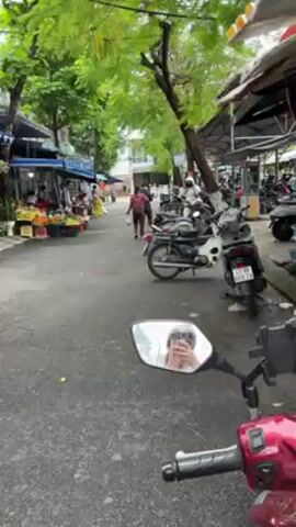 A person is on a red scooter parked in a market street with numerous parked motorbikes. There are various vendors with stands on the left side of the road, selling fruits and other goods, and people are walking around and browsing. Trees line the road, and structures provide shade for the parked motorbikes.