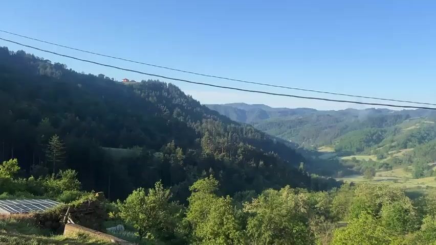 The video shows a view of a lush, green mountain valley under a clear blue sky. Rolling hills covered with dense forests stretch into the distance. In the foreground, trees and vegetation fill the lower part of the frame, with a hint of what appears to be a structure made of stacked wood visible on the left. Overhead, two electrical wires span across the view, slightly detracting from the otherwise pristine landscape. The scene evokes a sense of tranquility and natural beauty.