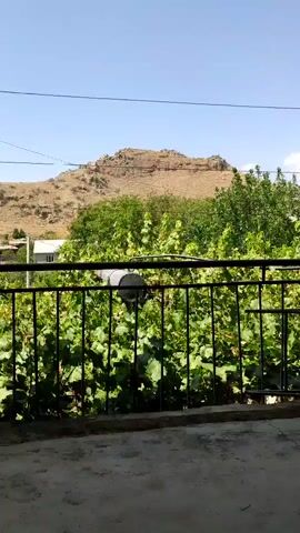 The video shows a view from a balcony, looking out at a lush green landscape with a mountain in the background. A black metal railing runs across the bottom of the frame, obscuring some of the view. Behind the railing, dense green foliage, possibly vines, is visible. Above the foliage, a large, grey, cylindrical object is suspended, connected to a black hose or pipe. The mountain in the background is rocky and arid, with some signs of vegetation on its slopes. The sky is clear and blue. The overall impression is a rural, possibly Mediterranean, setting. There are no people visible in the video.