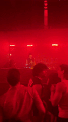 DJ performs for dancing crowd at red-lit Paris nightclub