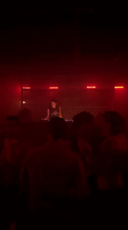 DJ performs for dancing crowd at red-lit Paris nightclub