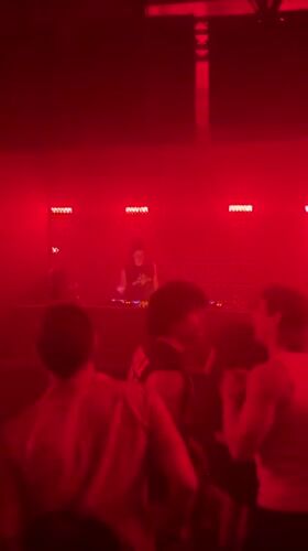 DJ performs for dancing crowd at red-lit Paris nightclub