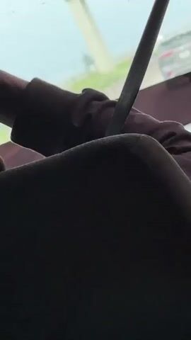 The video, likely taken from inside a moving vehicle, presents a blurred view through the car window. A person wearing a dark-colored long-sleeved shirt can be seen fastened with a seatbelt. The background shows a glimpse of an outdoor environment with green grass and a gray sky. The focus is on the interior of the car, mainly the seat and the person's arm. Overall, the shot is somewhat obscured and dark.