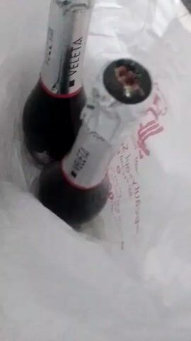 Two small bottles of what appears to be wine are inside a white plastic bag. The bottles have silver foil around the top and a red band near the neck. The bottles appear to be leaning against each other. The bag has some writing on it, but it is mostly obscured. The lighting is dim, and the background is blurred.