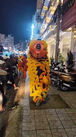 Lion dance troupe works through Da Lat streets at night