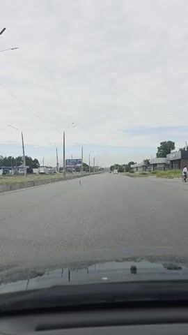 A car is driving down a wide, paved road. There are streetlights and billboards lining the road. On the left side of the road, there are some buildings and trees. On the right side of the road, there are more buildings. The sky is overcast.
