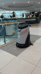 Shopping mall cleaning robot, flower displays observed in Sofia