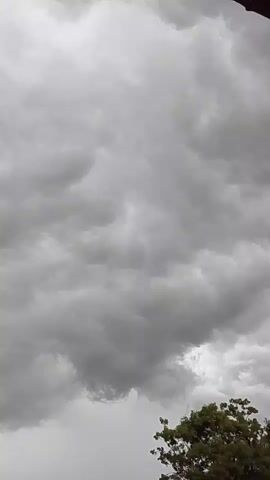 The media file shows a view of a cloudy sky with a tree visible in the lower right corner. The clouds are dark and heavy, suggesting an impending storm or the aftermath of one. The sky is overcast, and the overall mood is somber. The tree appears to be green and full of leaves, indicating it is likely daytime, though the clouds obscure the sun. There are no people or man-made objects visible in the frame, apart from what appears to be a dark edge of a structure in the top right corner, which could be a roof or overhang. The scene is likely outdoors, given the presence of the tree and the vast expanse of the sky. The location context points to Takum, Nigeria. The weather appears to be cloudy and possibly rainy or about to rain. The overall emotion evoked is one of anticipation or perhaps a slight sense of foreboding due to the dark clouds. No visible text is present in the media file.