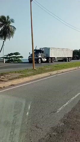 The video shows a view from a vehicle traveling along a road beside a body of water. Initially, a large white trailer truck moves parallel to the camera vehicle, in the opposite direction. The camera angle shifts upward and into the rearview mirror, providing a clear view of the same trailer truck as it moves away. The camera continues moving forward, showing a view of the road, grassy area, and waterfront. A small red-roofed structure and trees are visible near the water’s edge. The camera’s perspective shifts again, showing more of the surrounding environment. Power lines and light poles appear alongside the road. The view continues along the road, revealing a person walking in the distance and a structure that looks like a tower.