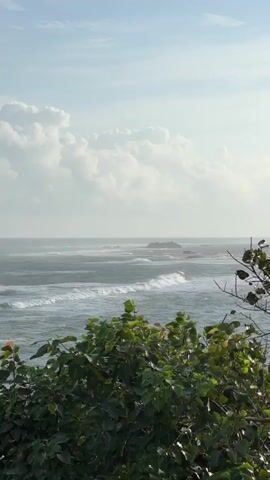 A view from a high vantage point shows the ocean with waves crashing against the shore. In the foreground, the tops of green trees obscure the bottom of the frame. The sky above is a pale blue, with scattered white clouds. The water is a deep blue, with whitecaps indicating choppy conditions. There are several rocky outcrops visible in the distance. The overall impression is of a wild and untamed coastal landscape.